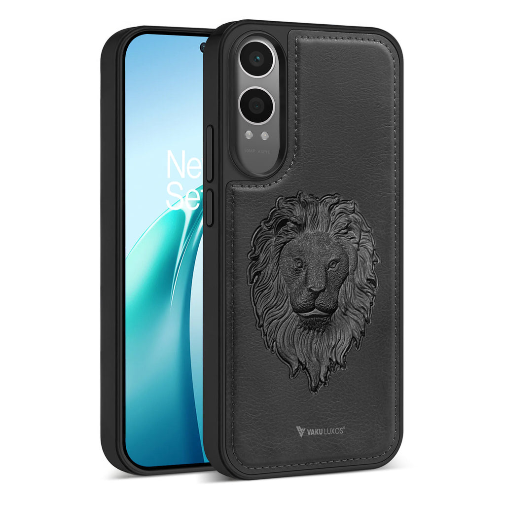 Vaku ® OnePlus Nord CE4 Lite 5G Lion Embossed Luxury Designer Leather Protective Back Cover-Jet Black