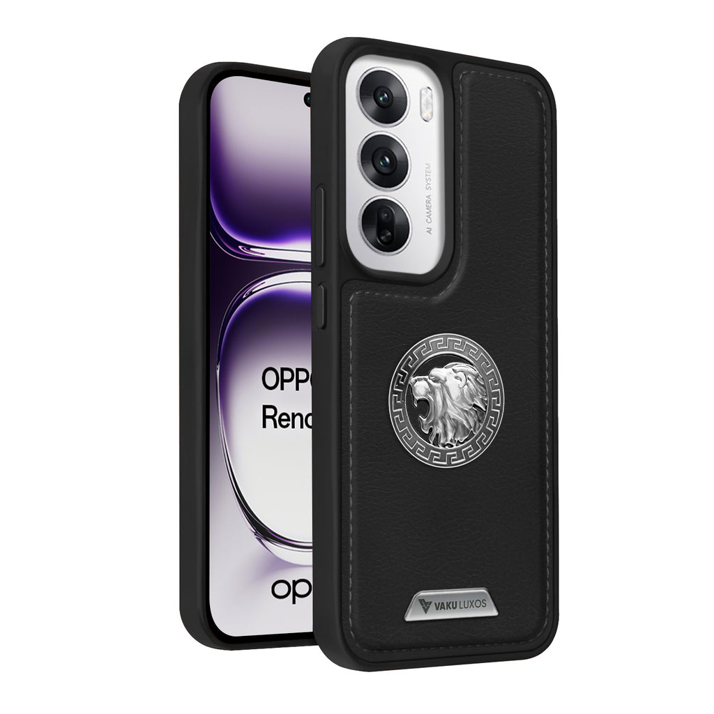 Vaku ® Oppo Reno12 Pro Regal Shield Metal Lion Engraved Leather Protective Back Cover