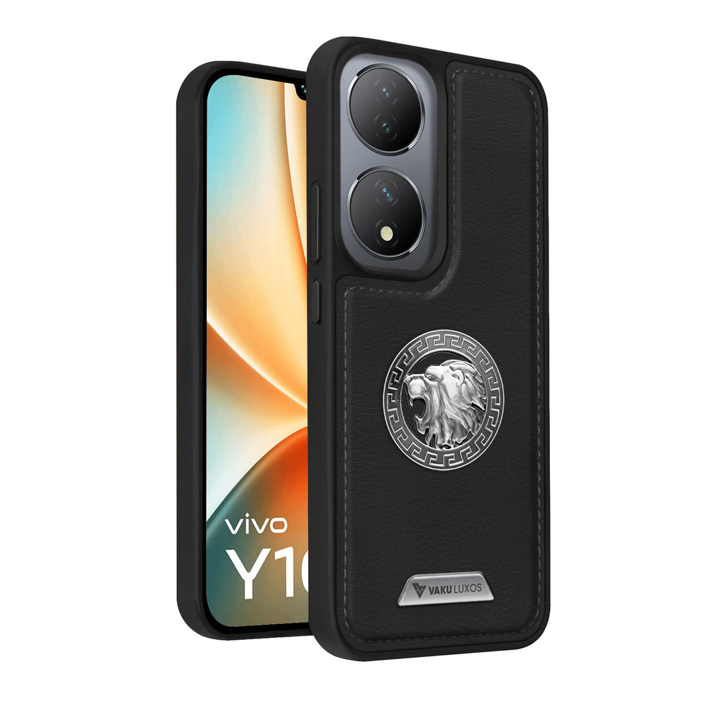 Vaku ® Vivo Y100 5G Regal Shield Metal Lion Engraved Leather Protective Back Cover