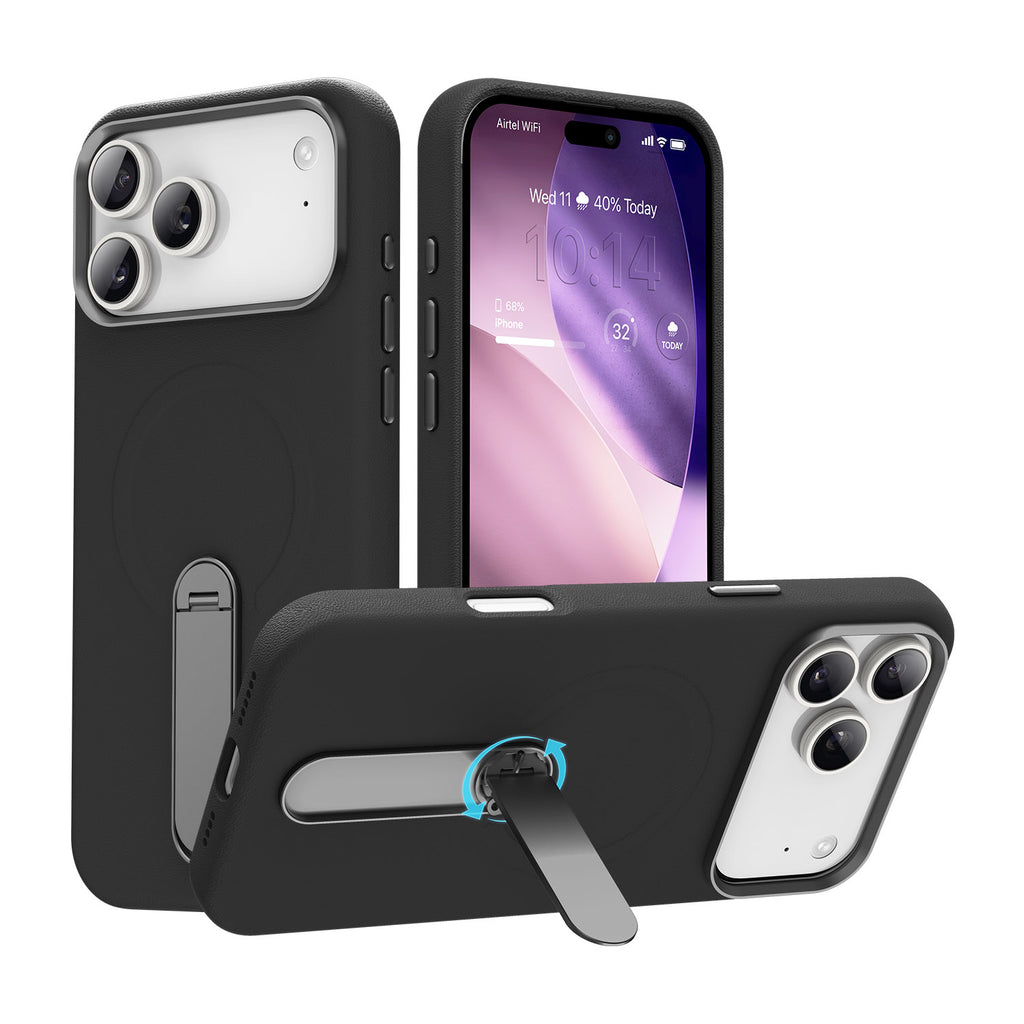 Vaku Luxos ® Apple iPhone 17 Pro Max Zayro Magpro Leather Scratch Resistant Military-Grade Case With Alloy Metal Stand Shockproof Protective Back Cover