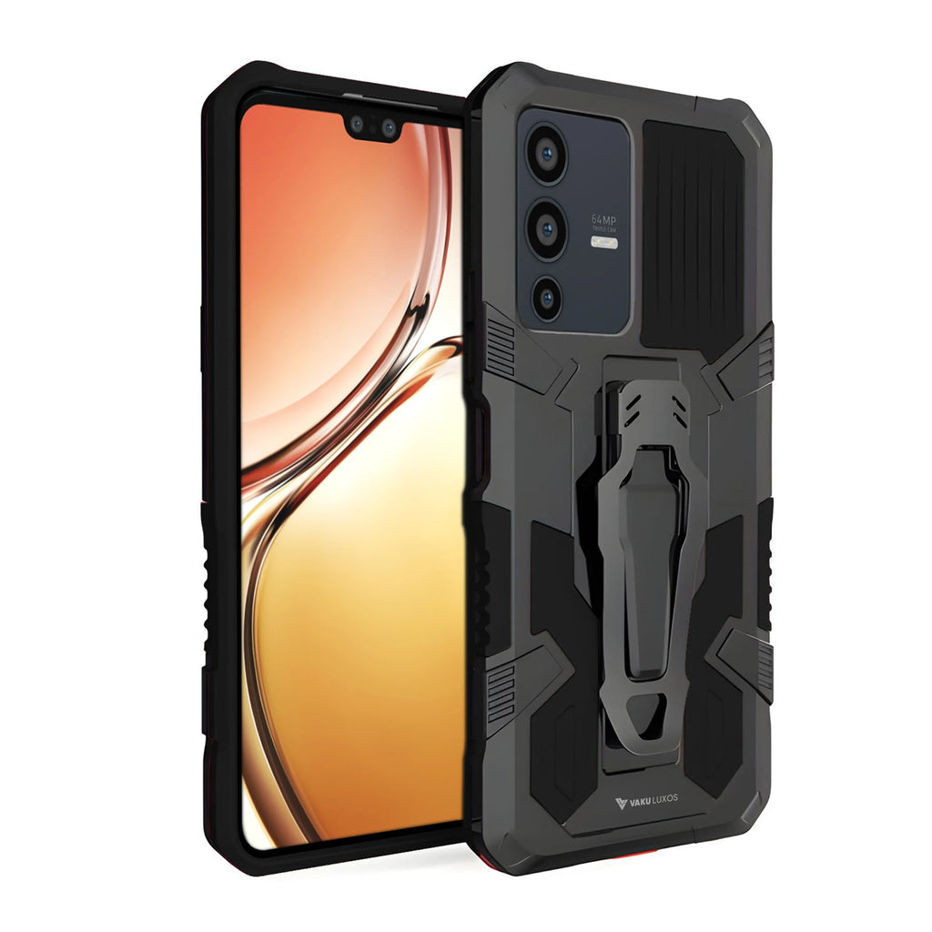 Vaku ® Vivo V23 5G Vanguard Military Grade Armor Case with Metal Belt Clip Kickstand Back Cover