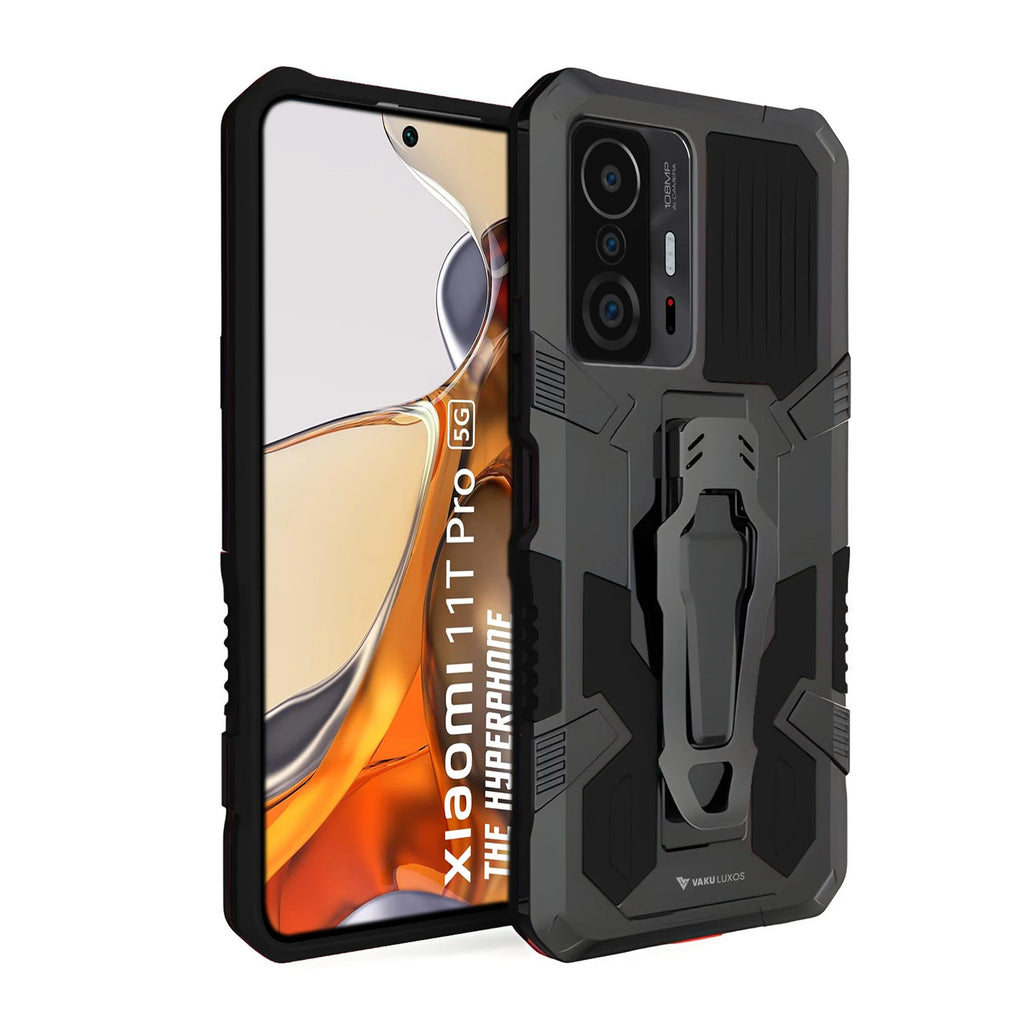 Vaku ® Xiaomi 11T Pro 5G Vanguard Military Grade Armor Case with Metal Belt Clip Kickstand Back Cover