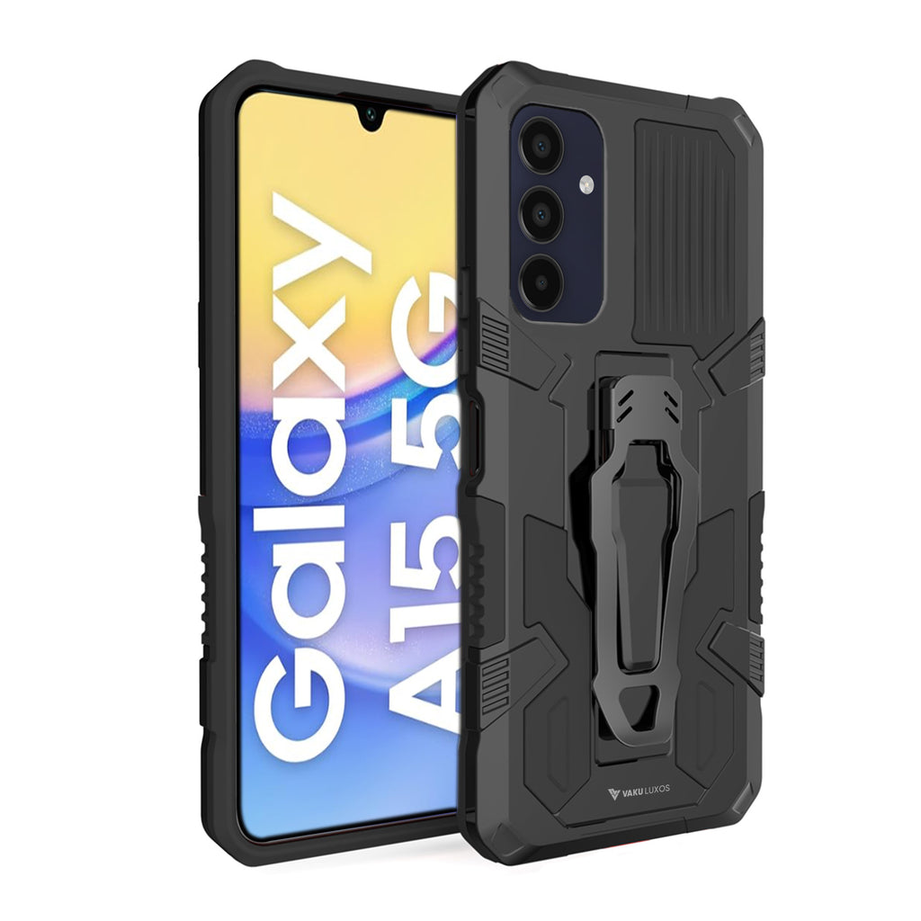 Vaku ® Samsung Galaxy A15 5G Vanguard Military Grade Armor Case with Metal Belt Clip Kickstand Back Cover