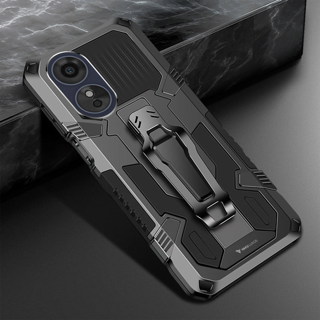 Vaku ® Oppo A17 Vanguard Military Grade Armor Case with Metal Belt Clip Kickstand Back Cover