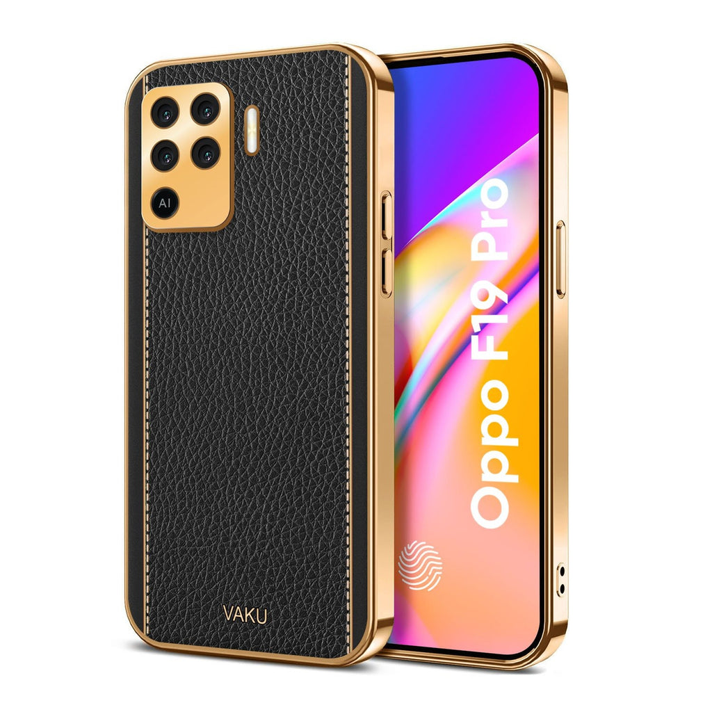 Vaku ® Oppo F19 Pro Luxemberg Series Leather Stitched Gold Electroplated Soft TPU Back Cover