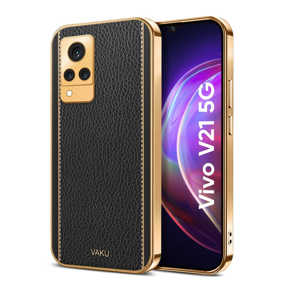 Vaku ® Vivo V21 5G Luxemberg Series Leather Stitched Gold Electroplated Soft TPU Back Cover