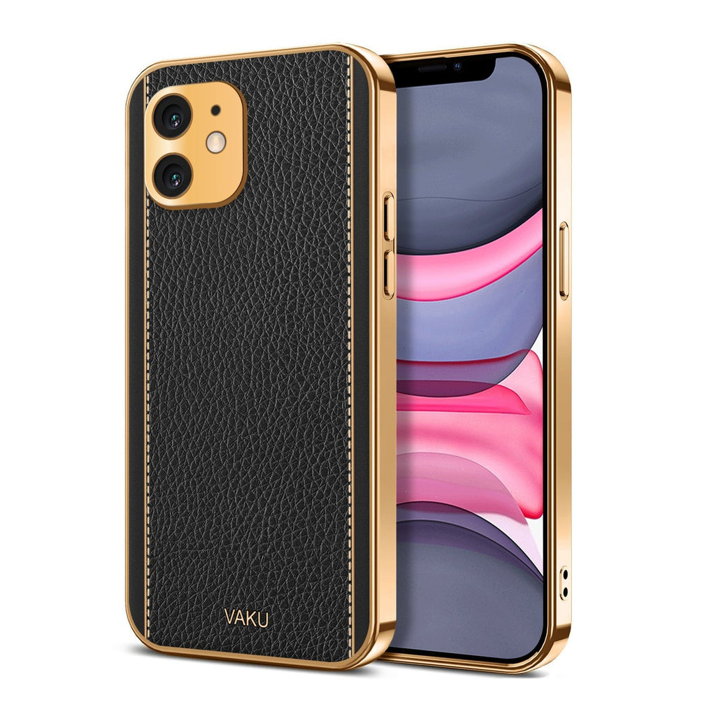 Vaku ® For Apple iPhone 11 Luxemberg Series Leather Stitched Gold Electroplated Soft TPU Back Cover