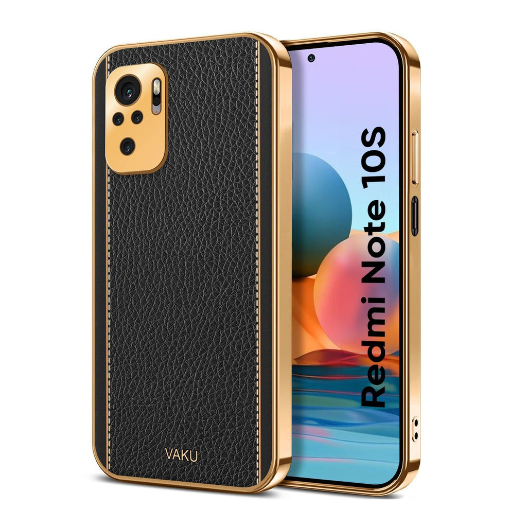 Vaku ® Redmi Note 10S Luxemberg Series Leather Stitched Gold Electroplated Soft TPU Back Cover