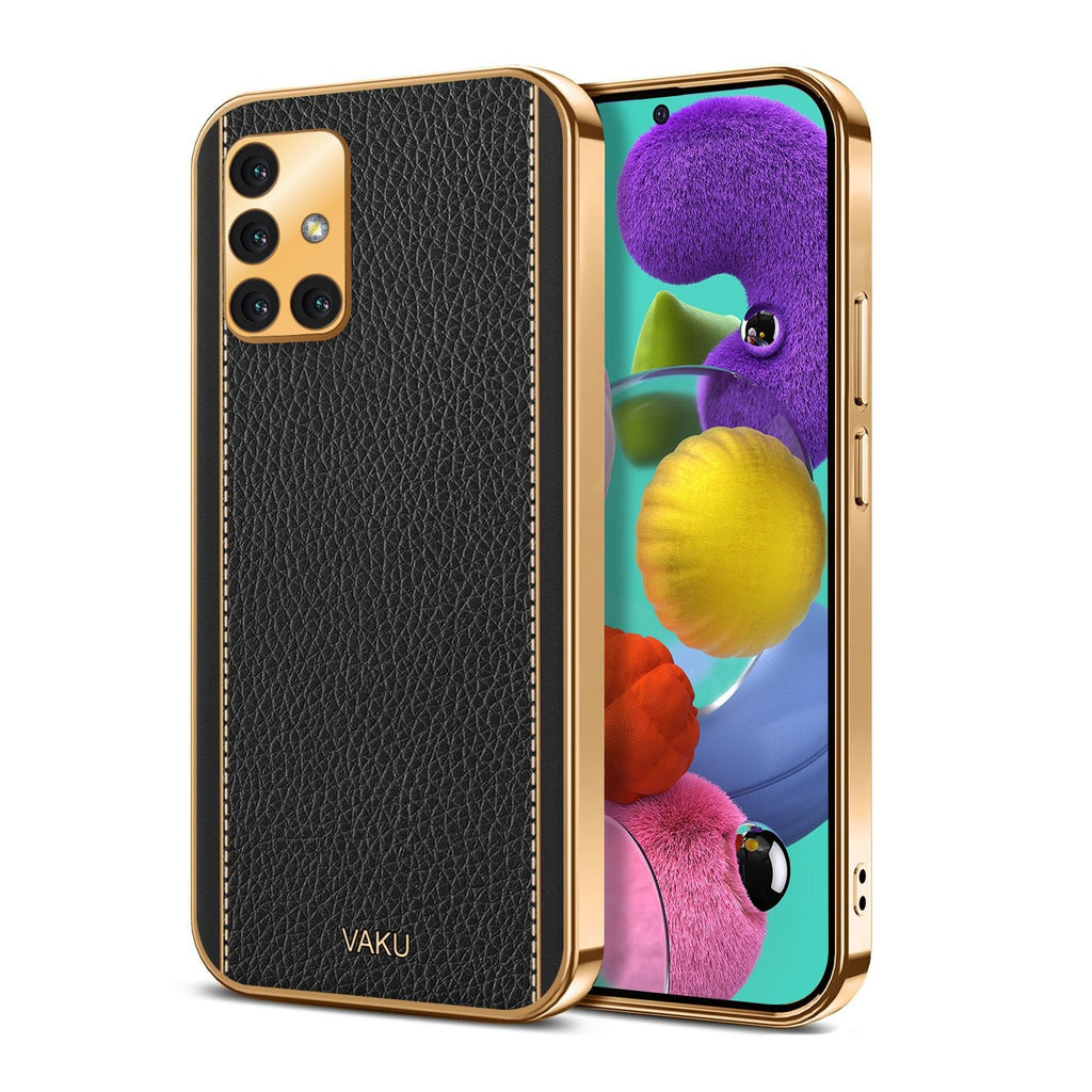 Vaku ® Samsung Galaxy A51 Luxemberg Series Leather Stitched Gold Electroplated Soft TPU Back Cover