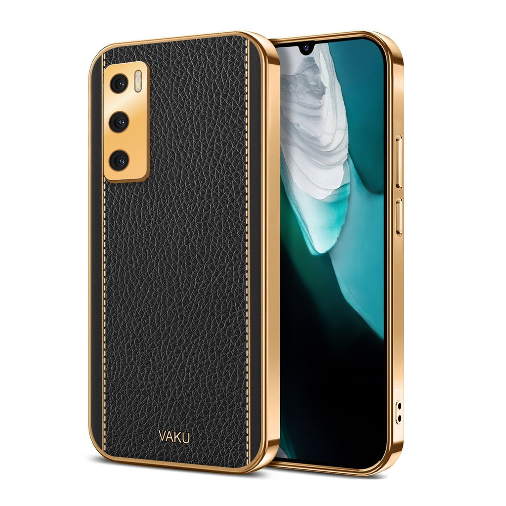 Vaku ® Vivo V20 SE Luxemberg Series Leather Stitched Gold Electroplated Soft TPU Back Cover