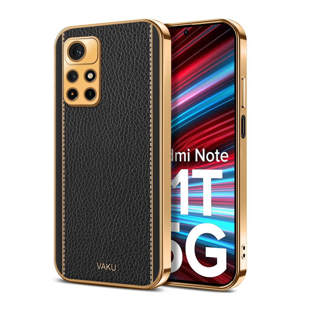 Vaku ® Redmi Note 11T 5G Luxemberg Series Leather Stitched Gold Electroplated Soft TPU Back Cover