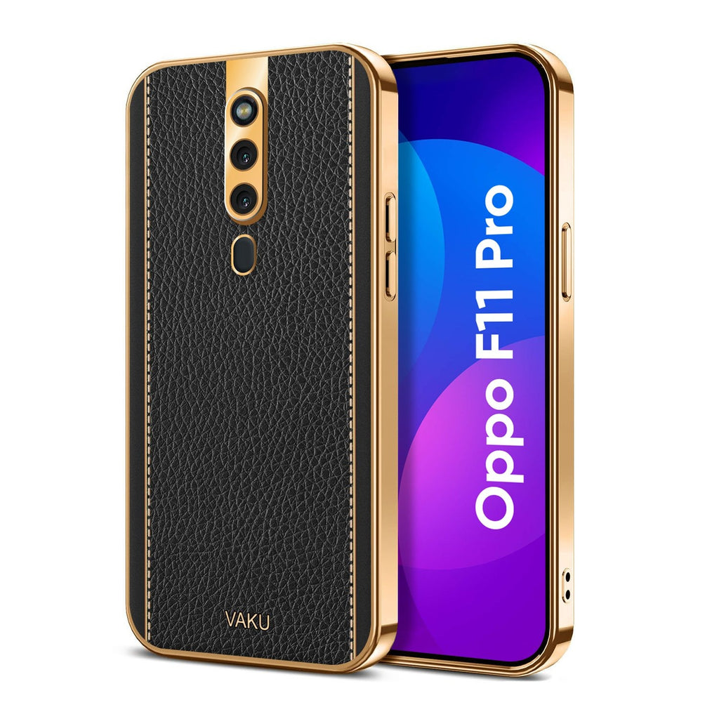 Vaku ® Oppo F11 Pro Luxemberg Series Leather Stitched Gold Electroplated Soft TPU Back Cover