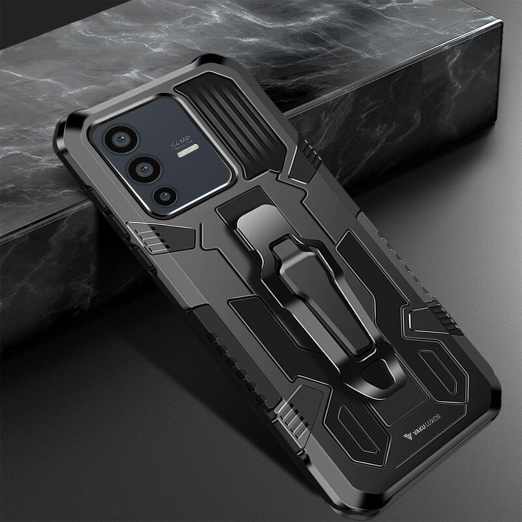 Vaku® Vivo V23 5G Vanguard Military Grade Armor Case with Metal Belt Clip Kickstand Back Cover