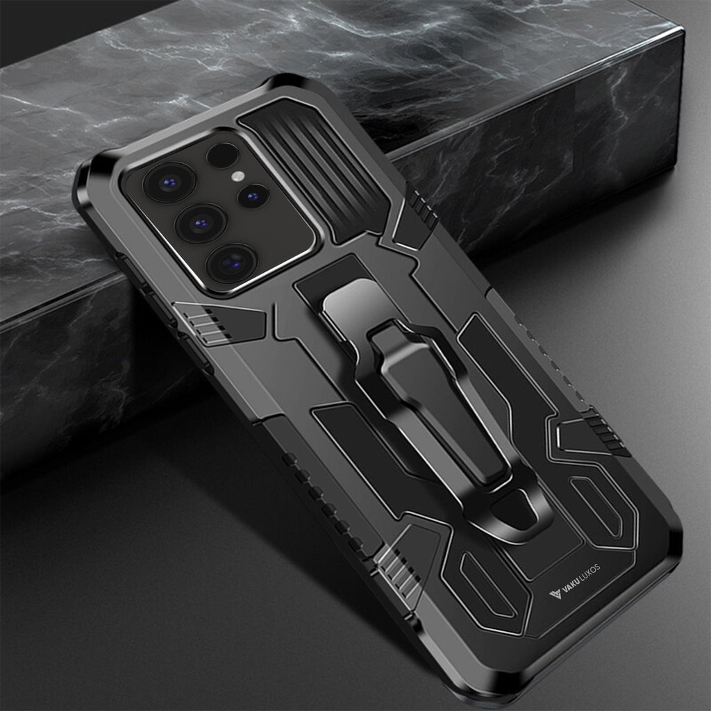 Vaku® Samsung Galaxy S24 Ultra Vanguard Military Grade Armor Case with Metal Belt Clip Kickstand Back Cover