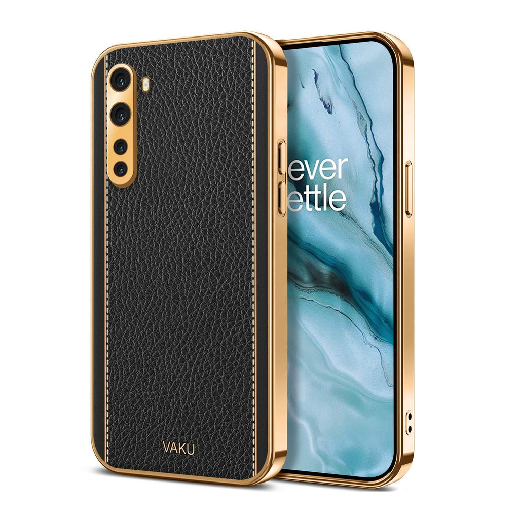 Vaku ® Oneplus Nord Luxemberg Series Leather Stitched Gold Electroplated Soft TPU Back Cover