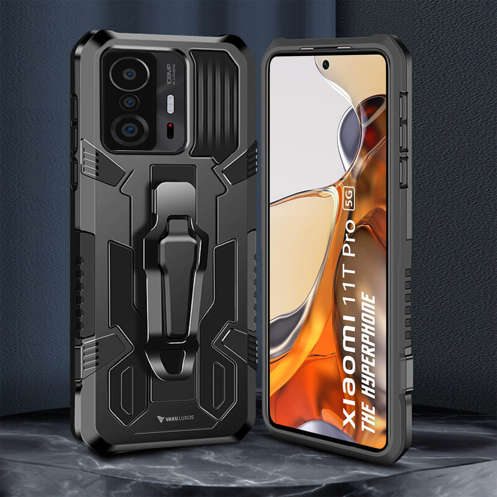 Vaku ® Xiaomi 11T Pro 5G Vanguard Military Grade Armor Case with Metal Belt Clip Kickstand Back Cover