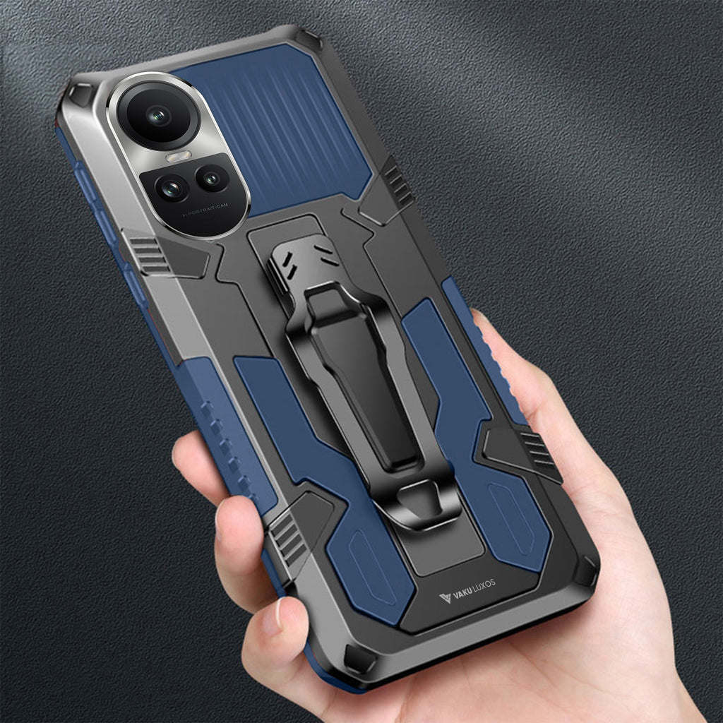 Vaku ® Oppo Reno10 Pro 5G Vanguard Military Grade Armor Case with Metal Belt Clip Kickstand Back Cover