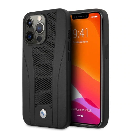 BMW ® Apple iPhone 13 Pro Max Real Leather Seat Pattern Tone to Tone Perforations Debossed Line Signature Collection Hard Case