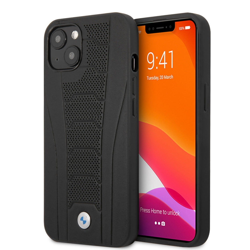 BMW ® Apple iPhone 13 Real Leather Seat Pattern Tone to Tone Perforations Debossed Line Signature Collection hard Case