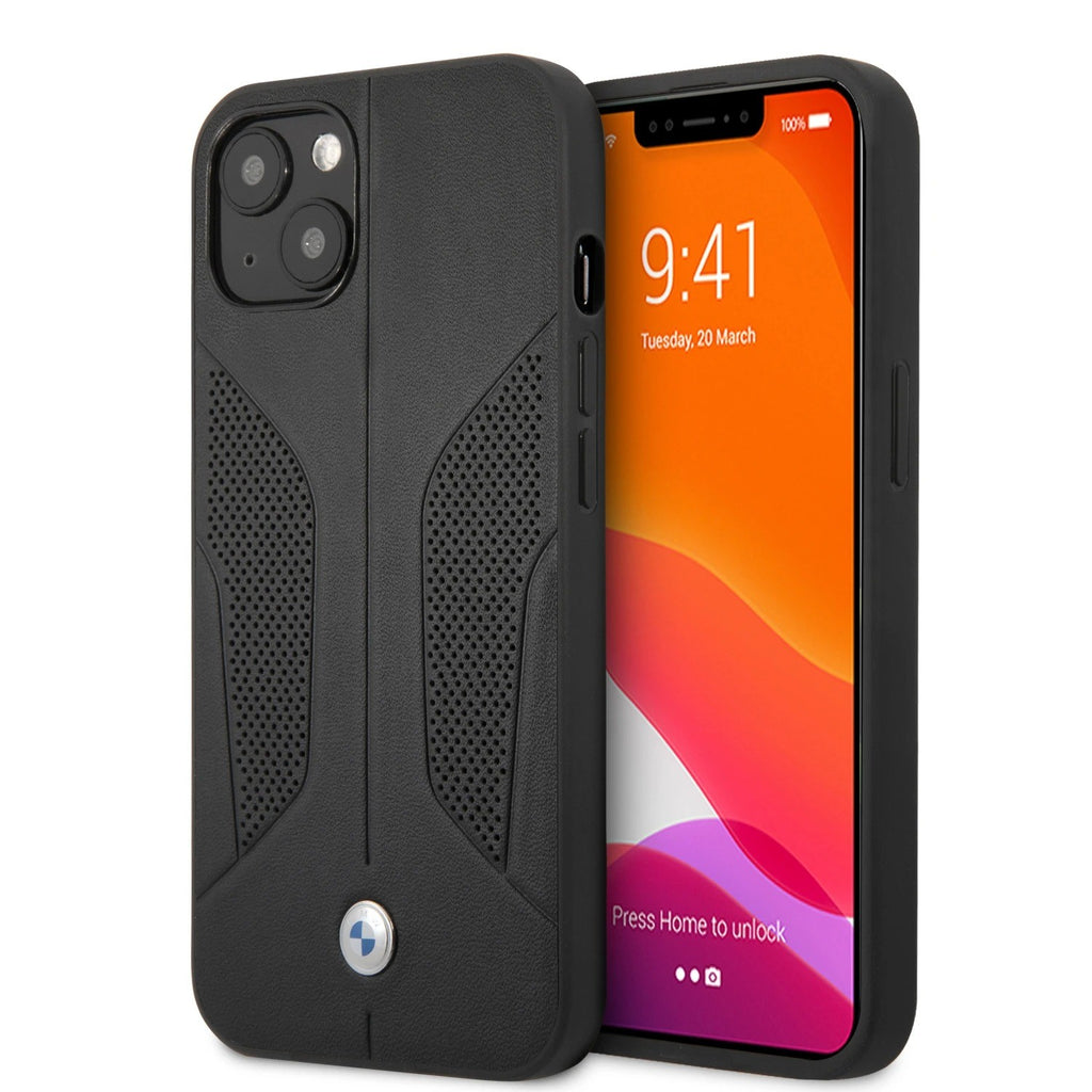 BMW ® Apple iPhone 13 Real Leather Perforated Seat Side Debossed Line Signature Collection Hard Case