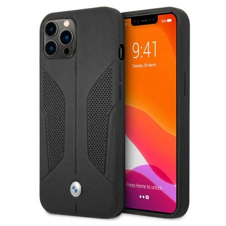 BMW ® Apple iPhone 13 Pro Max Real Leather Perforated Seat Side Debossed Line Signature Collection Hard Case