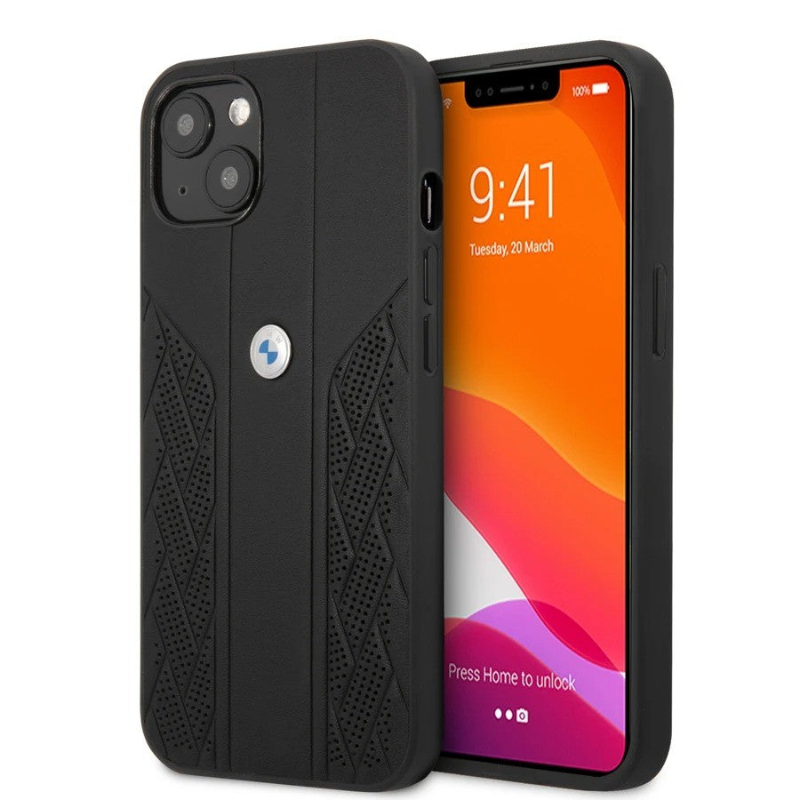 BMW ® Apple iPhone 13 Real Leather Perforated Seat Pattern Curved Stripes Signature Collection Back Cover