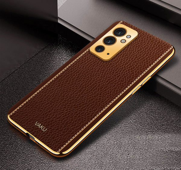 Vaku® OnePlus 9RT Luxemberg Series Leather Stitched Gold Electroplated Soft TPU Back Cover