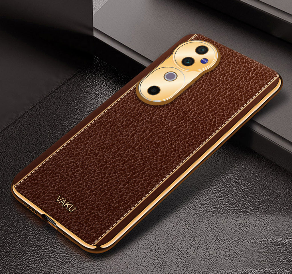 Vaku ® Vivo V40 5G Luxemberg Leather Pattern Gold Electroplated Soft TPU Back Cover