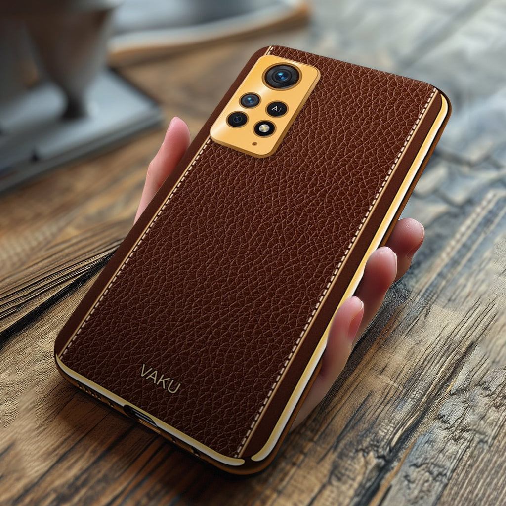 Vaku ® Redmi Note 11 Pro Luxemberg Series Leather Stitched Gold Electroplated Soft TPU Back Cover