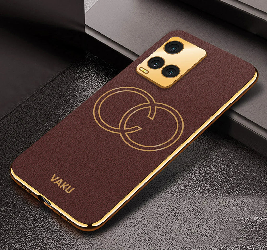 Vaku® Vivo Y33T Skylar Leather Pattern Gold Electroplated Soft TPU Back Cover Case