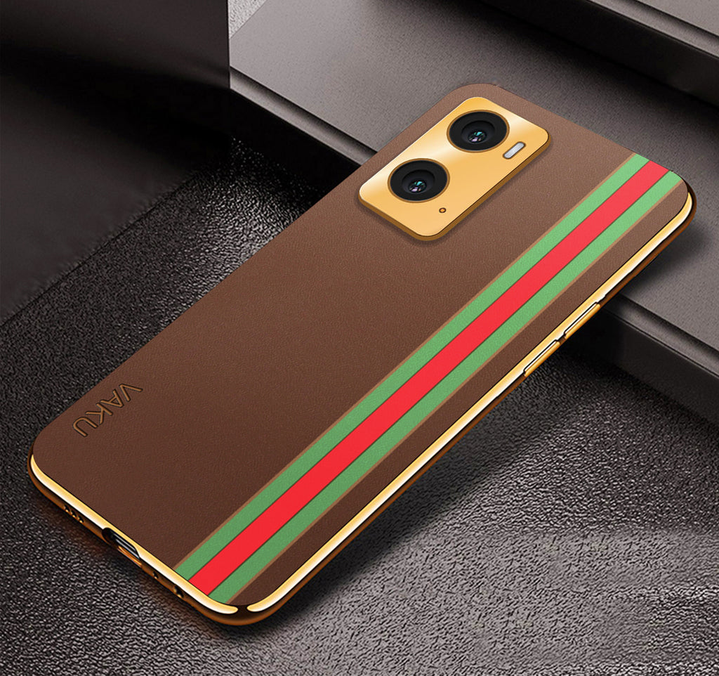 Vaku ® Oppo A96 Felix Line Leather Stitched Gold Electroplated Soft TPU Back Cover Case