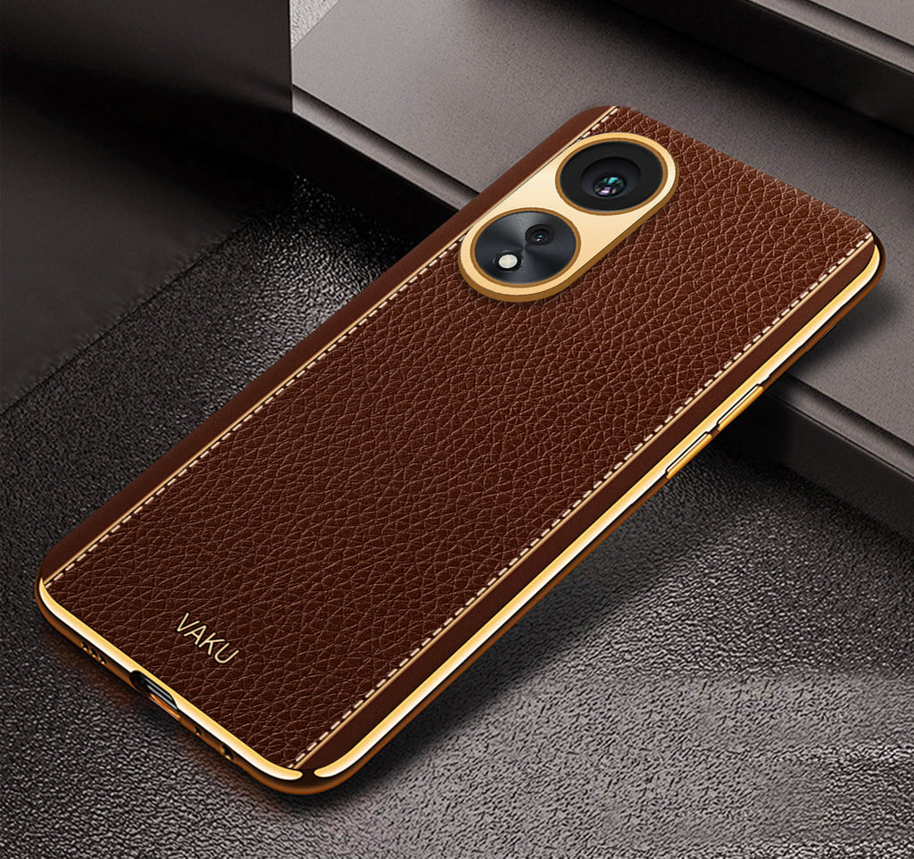 Vaku® Oppo A78 Luxemberg Series Leather Stitched Gold Electroplated Soft TPU Back Cover