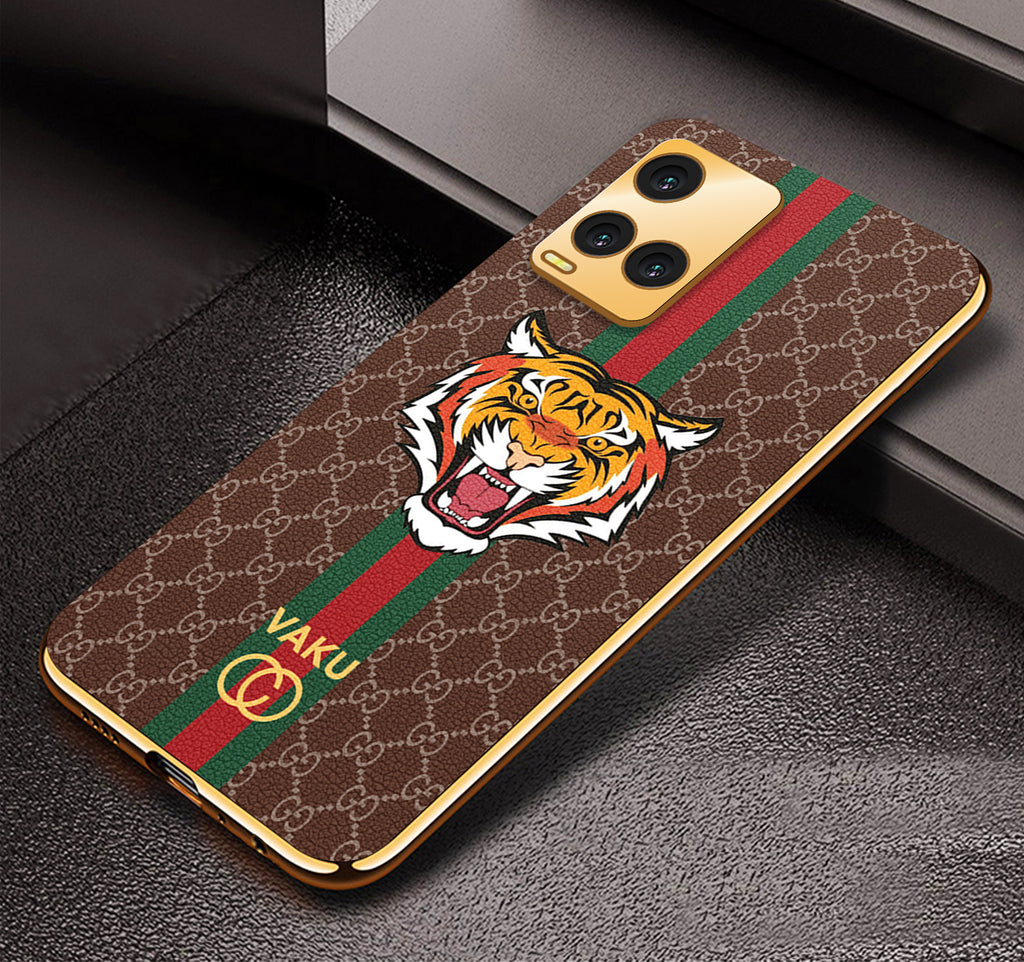 Vaku ® Vivo Y21T Lynx Leather Stitched Gold Electroplated Soft TPU Back Cover Case