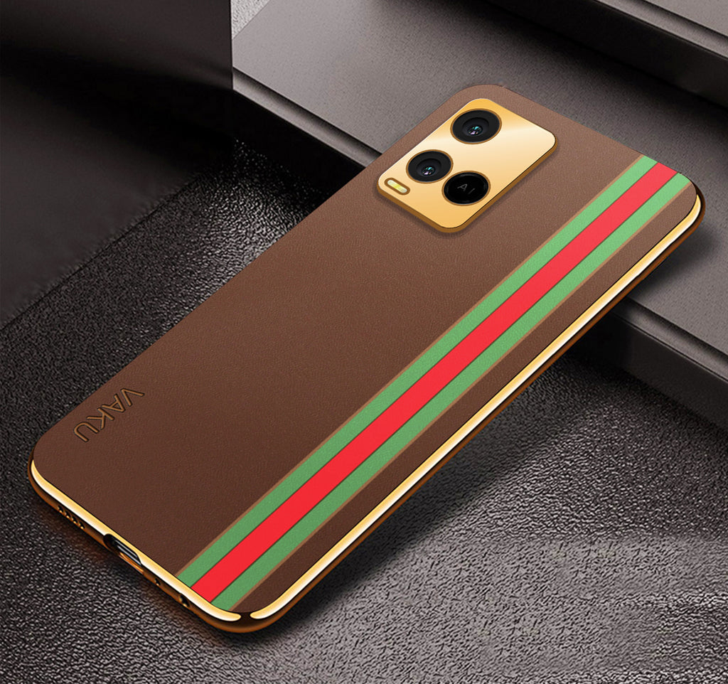 Vaku ® Vivo Y21A Felix Line Leather Stitched Gold Electroplated Soft TPU Back Cover Case