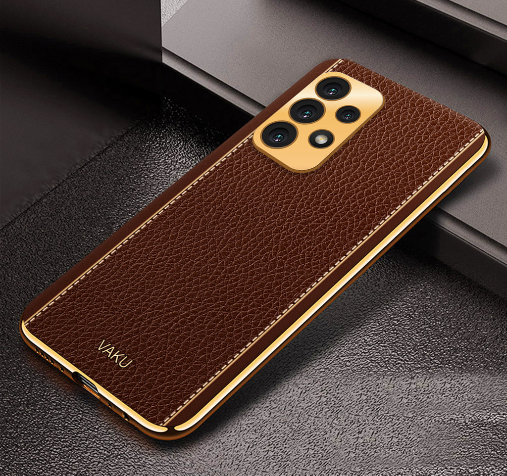 Vaku® Samsung Galaxy A33 5G Luxemberg Leather Stitched Gold Electroplated Soft TPU Back Cover
