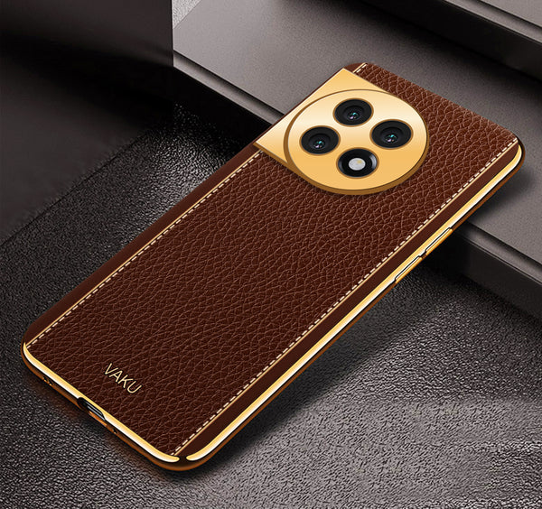 Vaku® OnePlus 11R Luxemberg Series Leather Stitched Gold Electroplated Soft TPU Back Cover