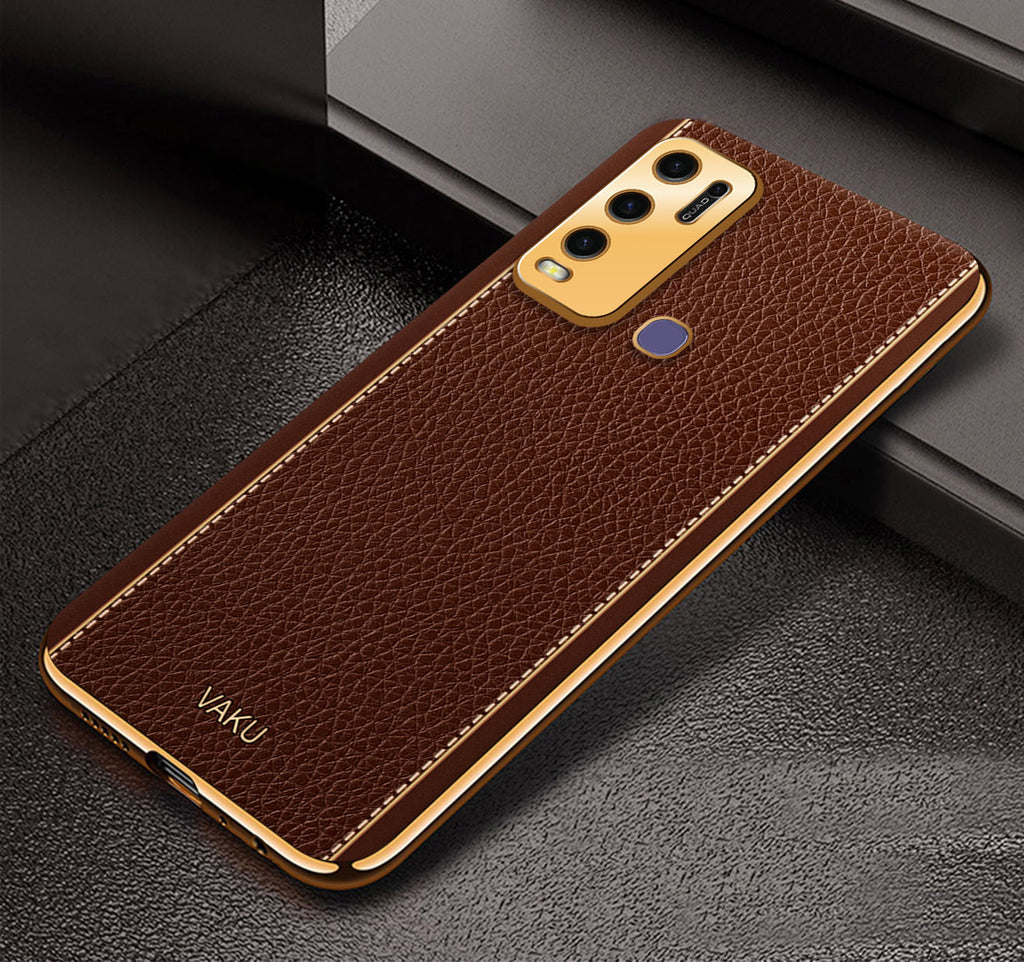 Vaku ® Vivo Y30 Luxemberg Leather Pattern Gold Electroplated Soft TPU Back Cover