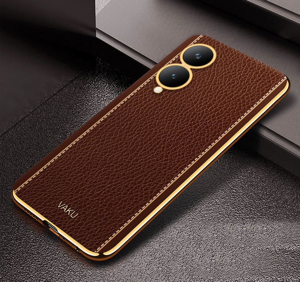 Vaku® Vivo Y17s Luxemberg Leather Stitched Gold Electroplated Soft TPU Back Cover Case