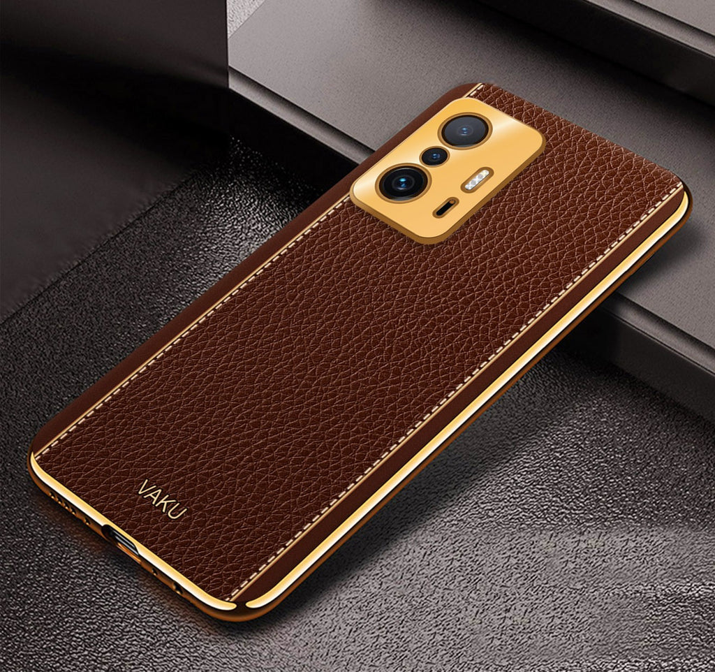 Vaku® Xiaomi 11T Pro 5G Luxemberg Series Leather Stitched Gold Electroplated Soft TPU Back Cover