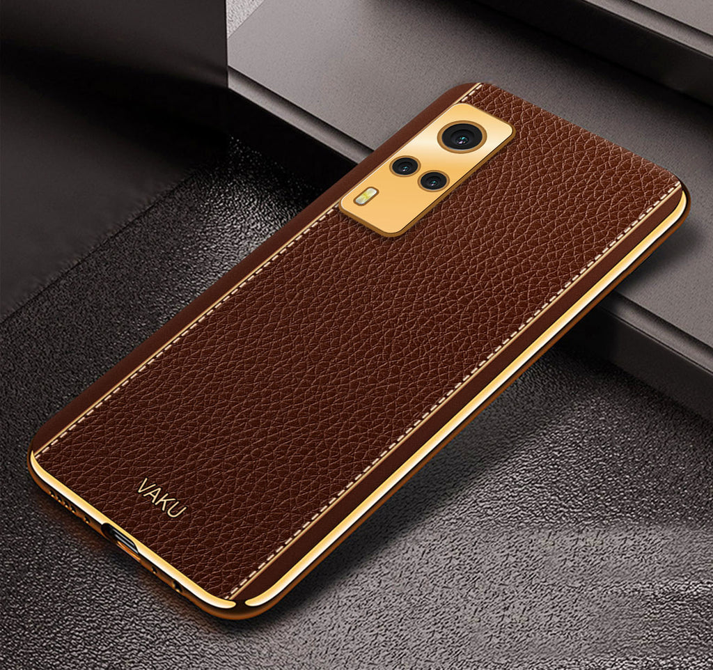 Vaku® Vivo Y53S Luxemberg Series Leather Stitched Gold Electroplated Soft TPU Back Cover