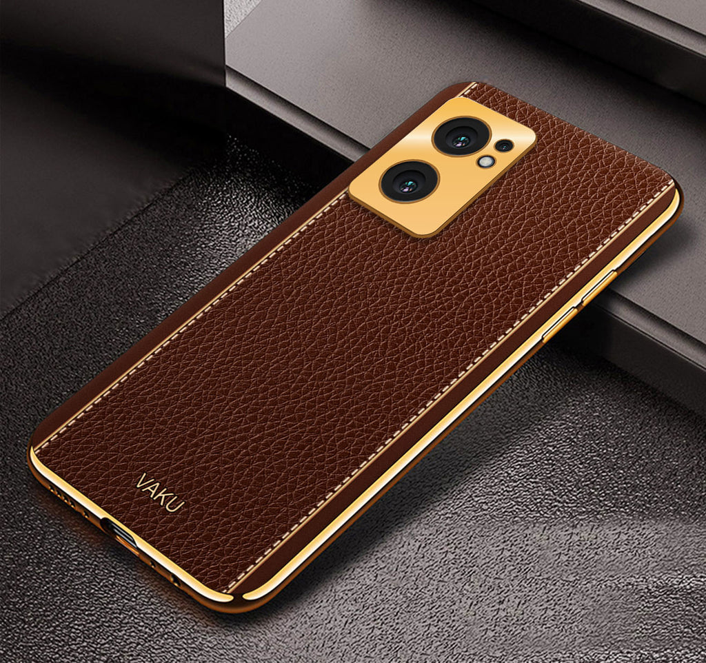 Vaku® Oppo Reno7 5G Luxemberg Series Leather Stitched Gold Electroplated Soft TPU Back Cover