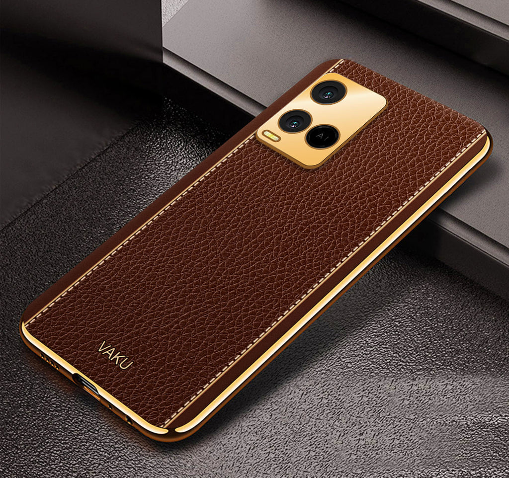 Vaku® Vivo Y21 Luxemberg Series Leather Stitched Gold Electroplated Soft TPU Back Cover