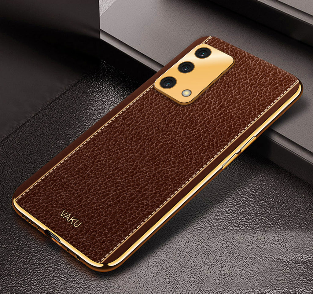 Vaku® Oppo A74 4G Luxemberg Leather Stitched Gold Electroplated Soft TPU Back Cover