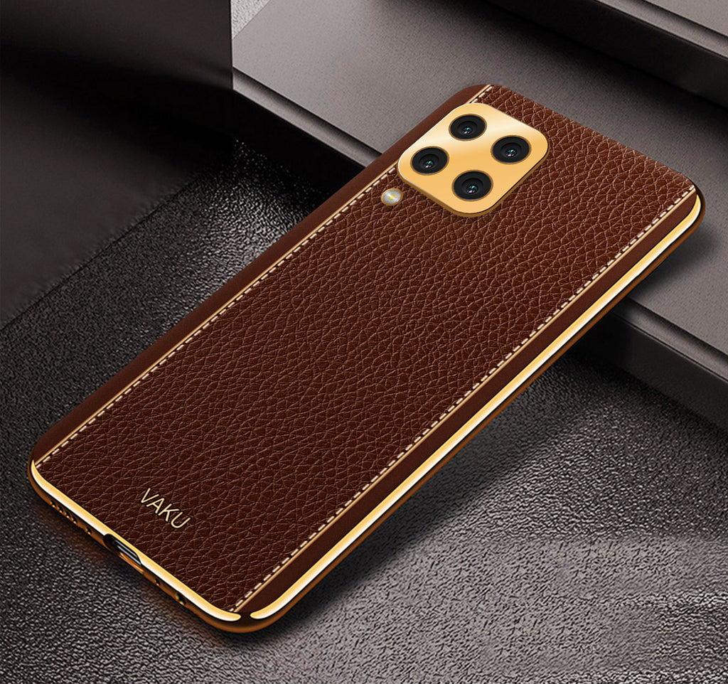 Vaku® Samsung Galaxy A22 4G Luxemberg Series Leather Stitched Gold Electroplated Soft TPU Back Cover