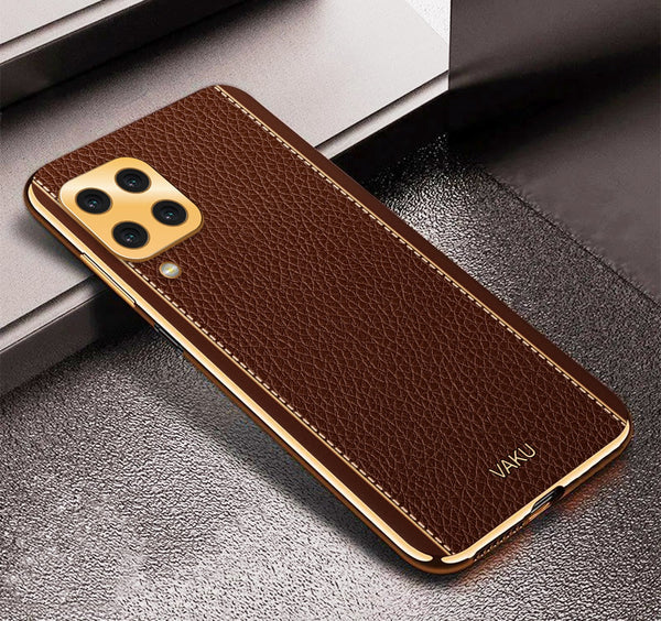 Vaku ® Samsung Galaxy M33 5G Luxemberg Series Leather Stitched Gold Electroplated Soft TPU Back Cover