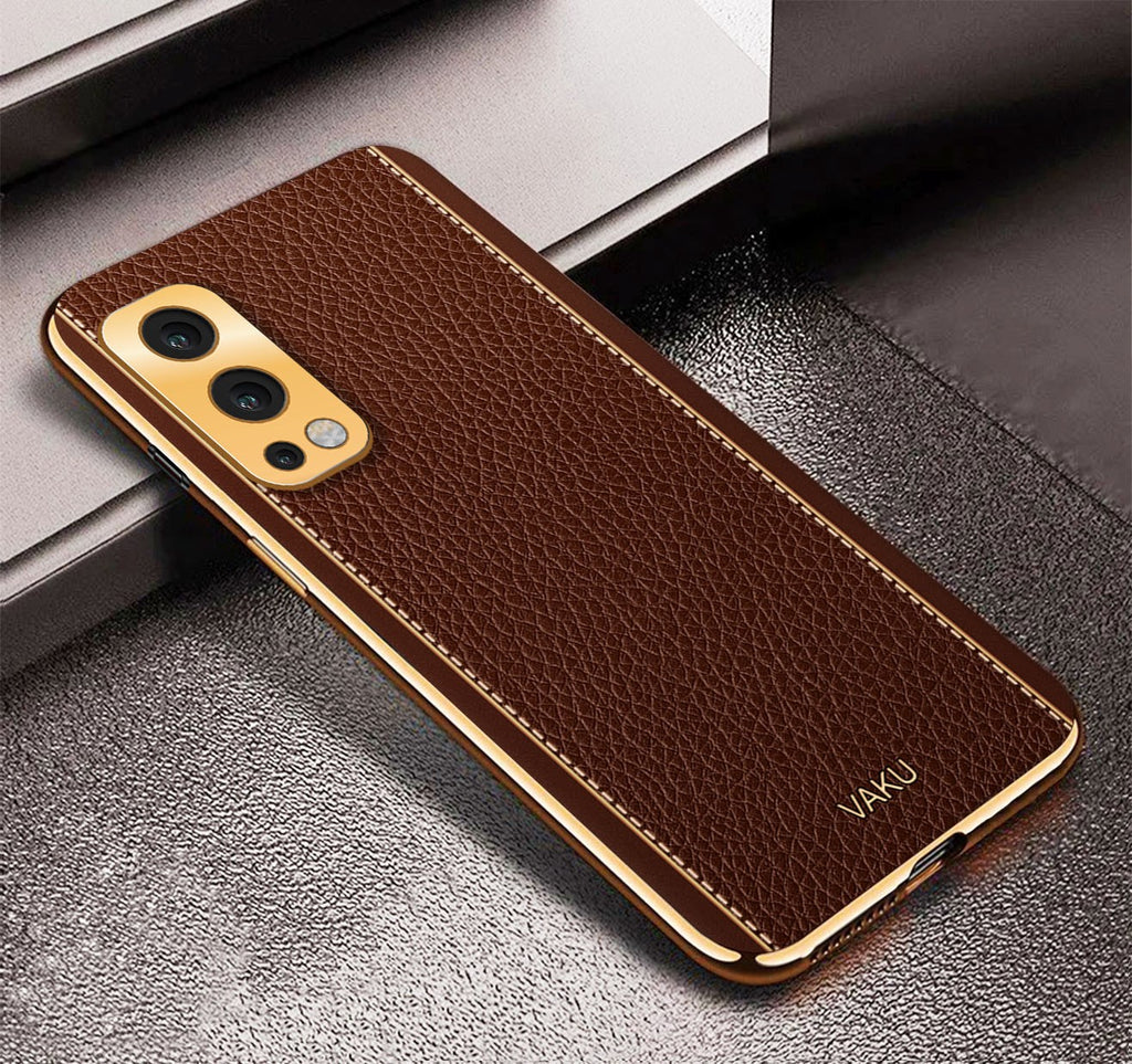 Vaku® Oneplus Nord 2 Luxemberg Series Leather Stitched Gold Electroplated Soft TPU Back Cover