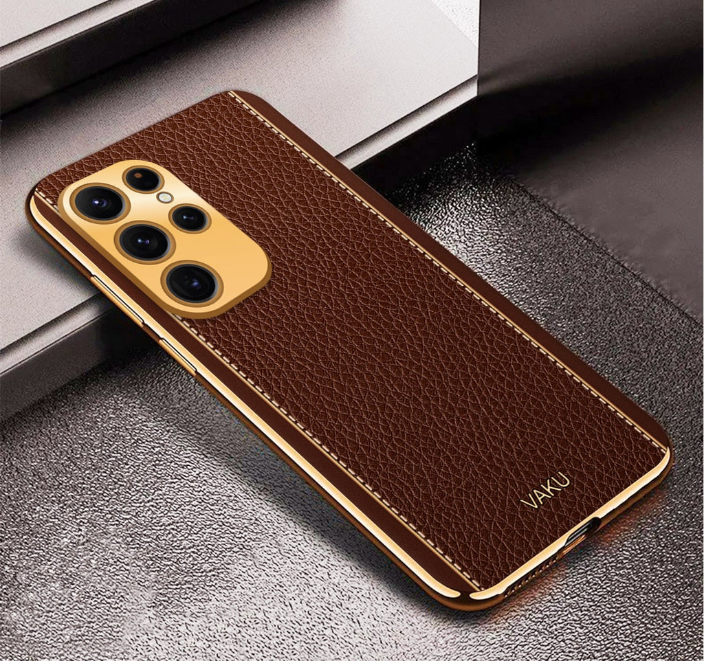 Vaku® Samsung Galaxy S22 Ultra Luxemberg Series Leather Stitched Gold Electroplated Soft TPU Back Cover