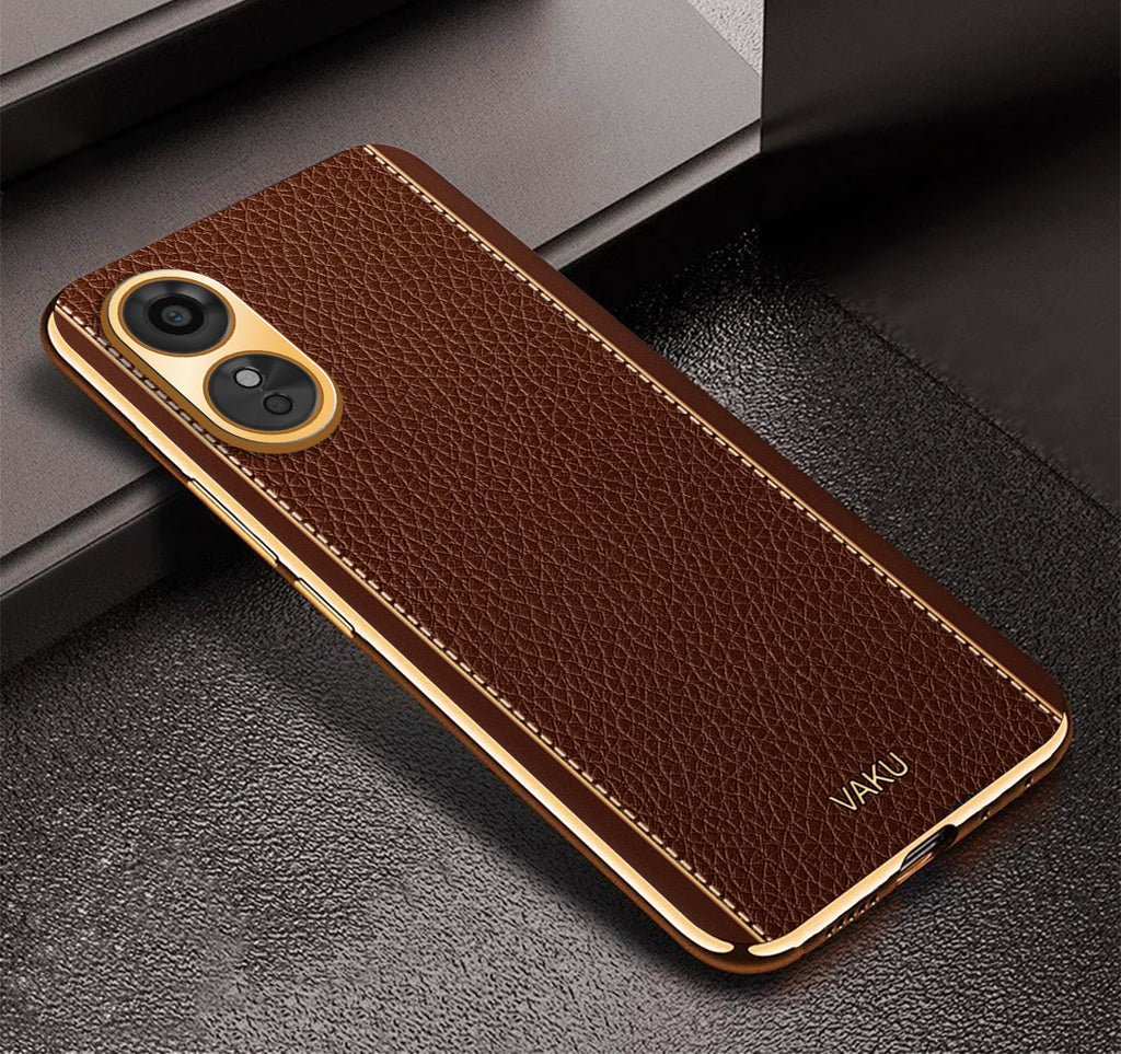 Vaku ® Oppo A17 Luxemberg Leather Pattern Gold Electroplated Soft TPU Back Cover