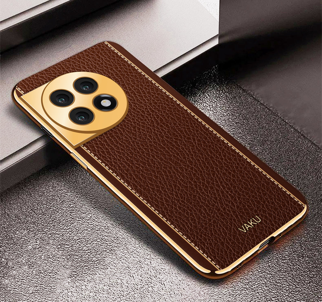Vaku® OnePlus 11R Luxemberg Series Leather Stitched Gold Electroplated Soft TPU Back Cover