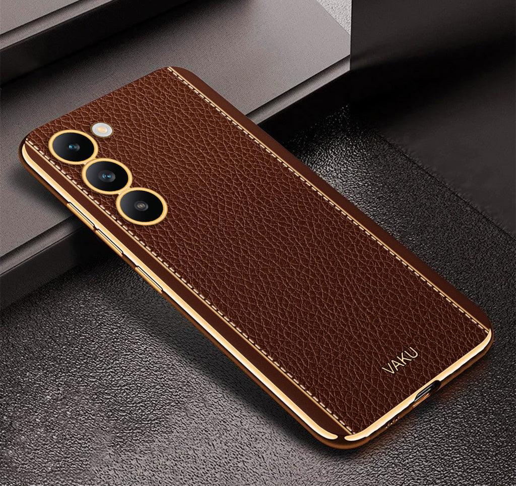 Vaku ® Vivo Y200e 5G Luxemberg Leather Pattern Gold Electroplated Soft TPU Back Cover